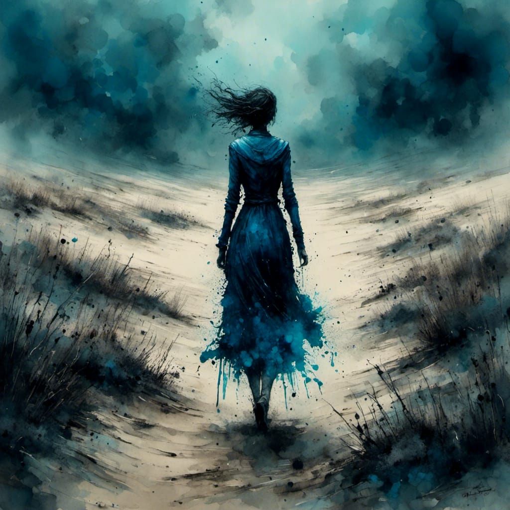 Sad Woman in Blue Desert: Oil and Watercolor