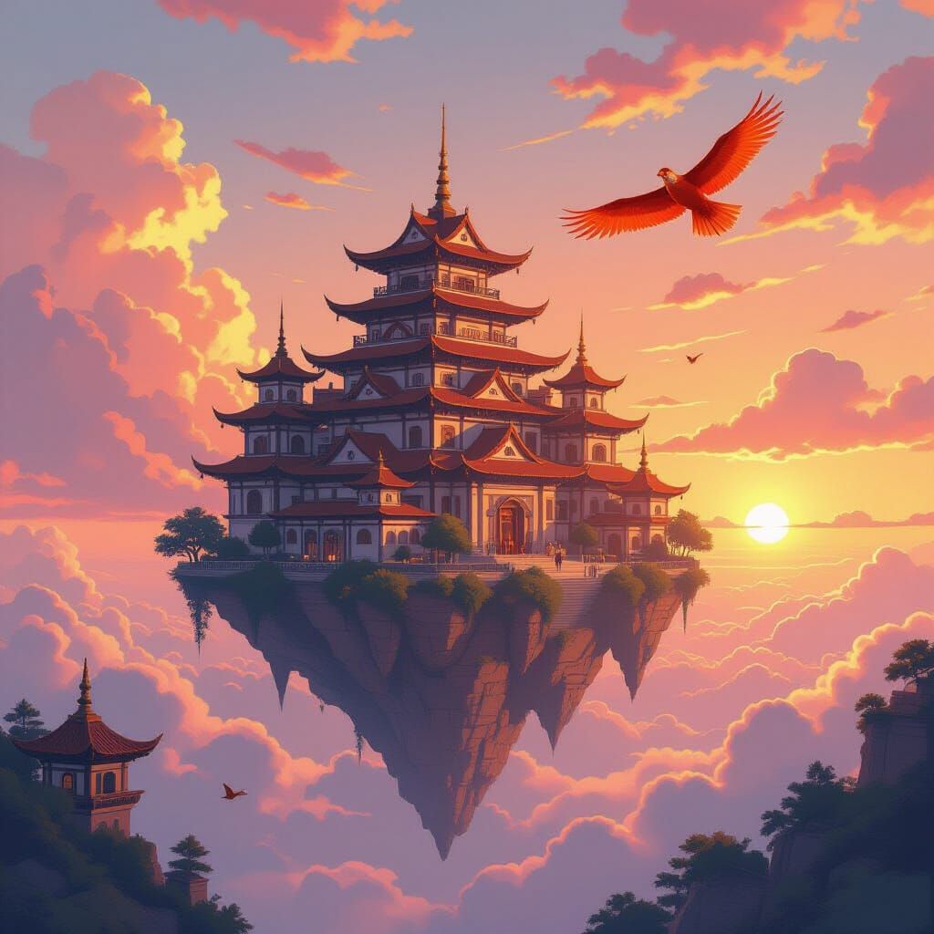 Floating Island City at Dawn in Ghibli Style