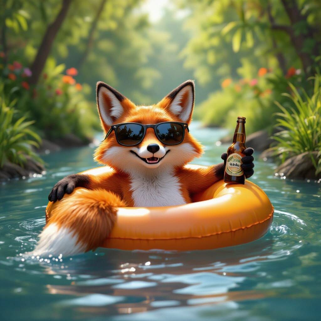 Fox in Sunglasses Relaxes on River: 3D Render