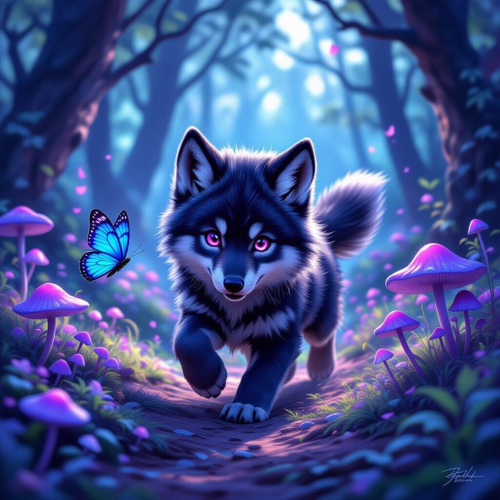 Wolf Pup Chasing Butterfly in Enchanted Forest