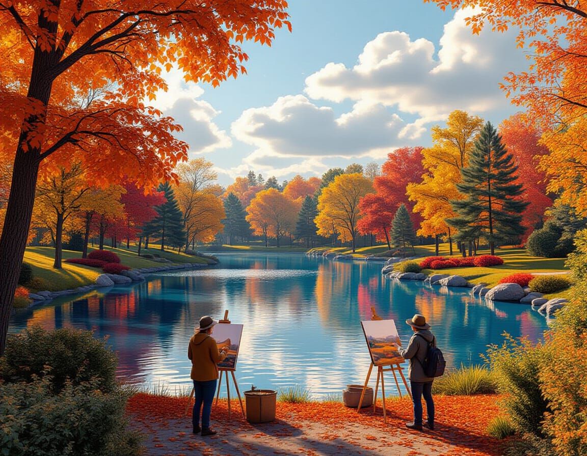 Autumnal Park Scene with Artists and Pond