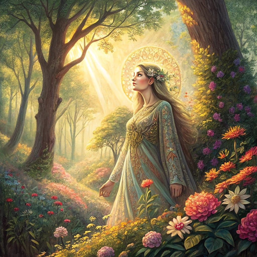 Ethereal Nature Goddess in Lush Forest Art