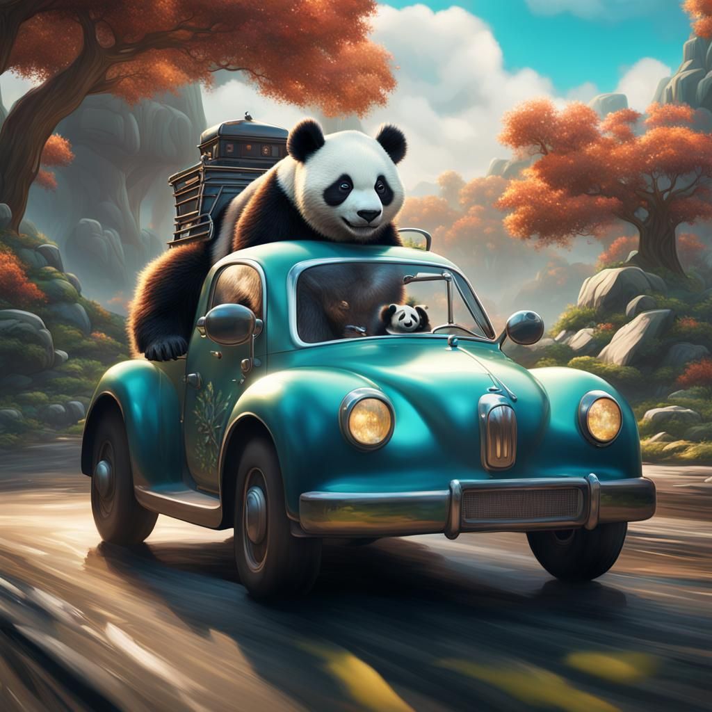Panda Driving Car in Detailed Matte Painting