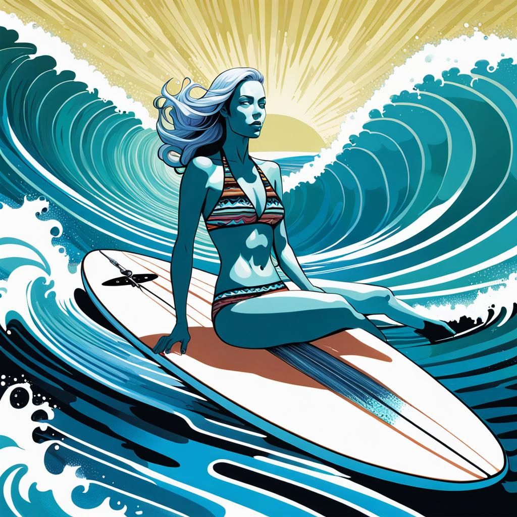 woman wearing a bikini on a surfboard ,giant tube of water ,by Sarah Joncas ,information,images and thoughts, textures, ...