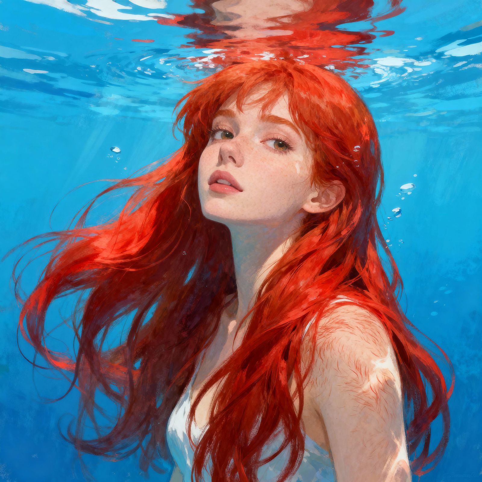 Red Haired Woman Underwater Art