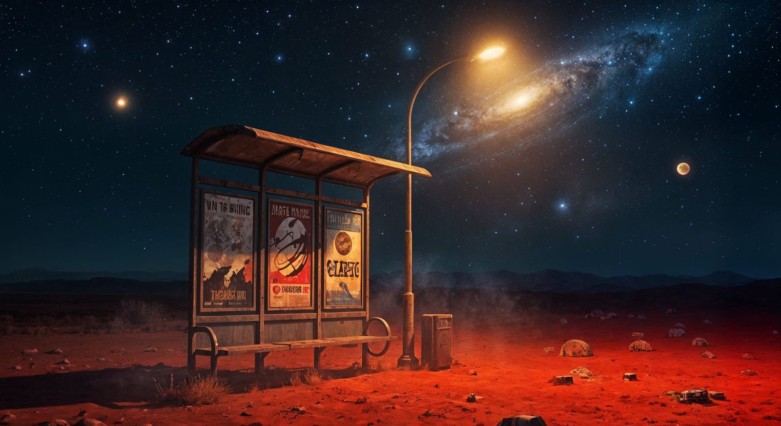 Solitary Rusted Bus Stop Under Alien Night Sky