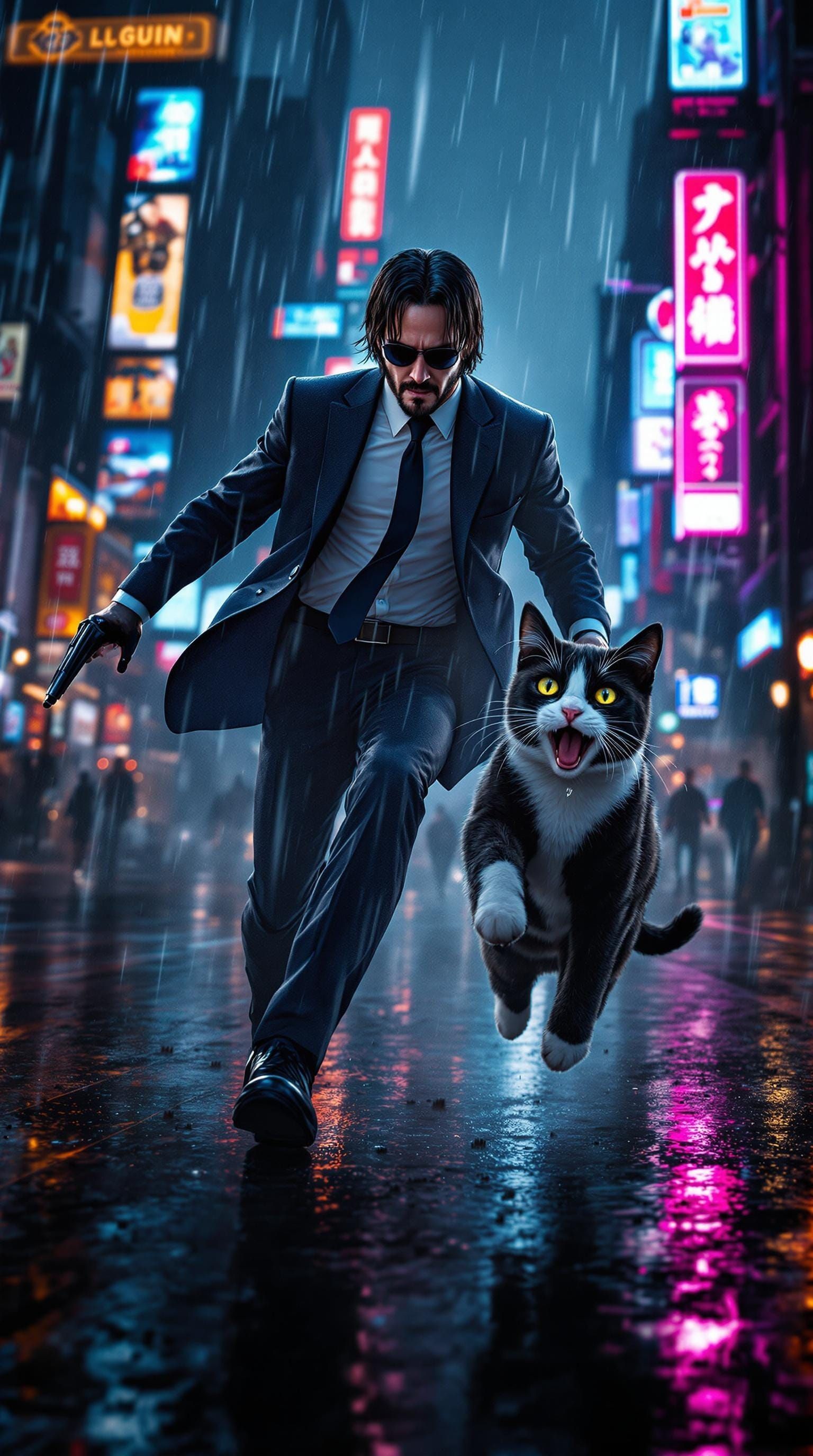 Sleek Hitman and Feline Sidekick Unleash Fury in Neon-Lit Ci...