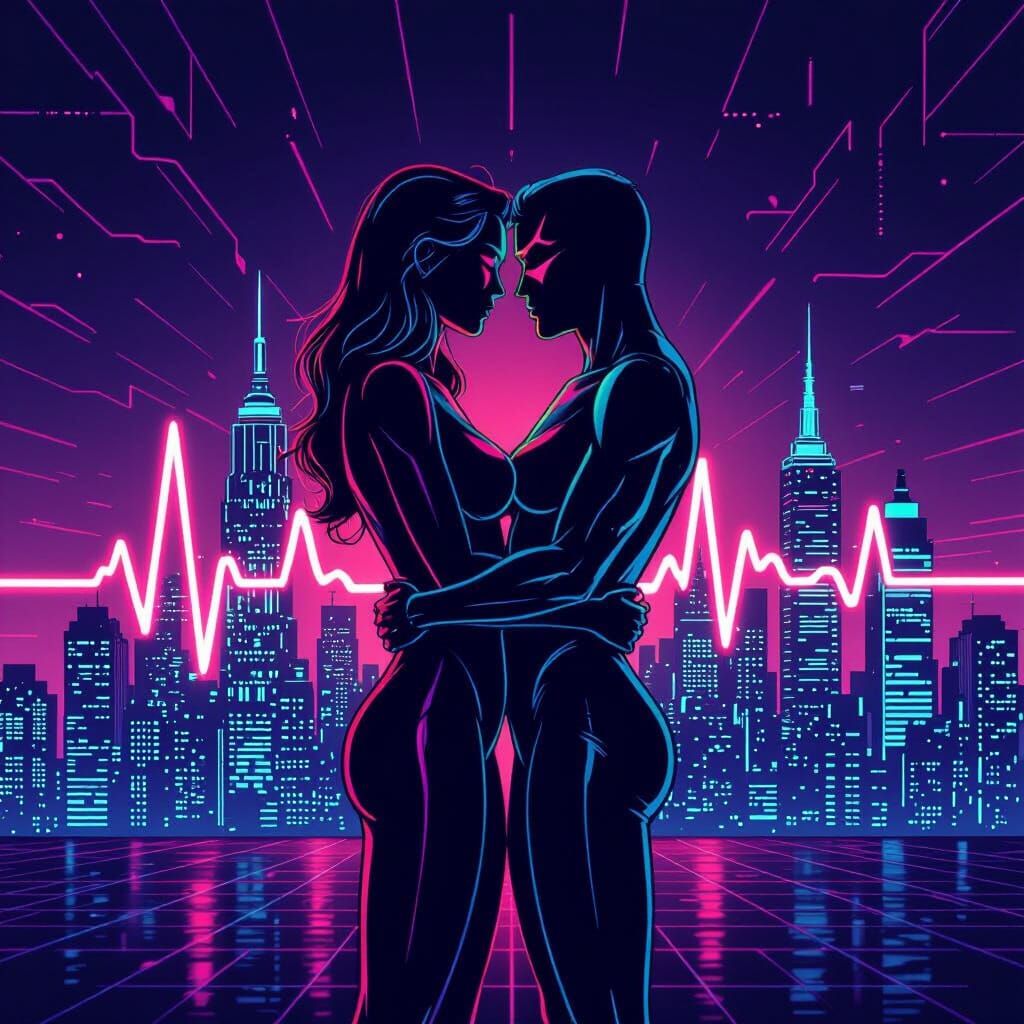 Neon Cityscape: Entwined Lovers in Retro-Futuristic Comic St...