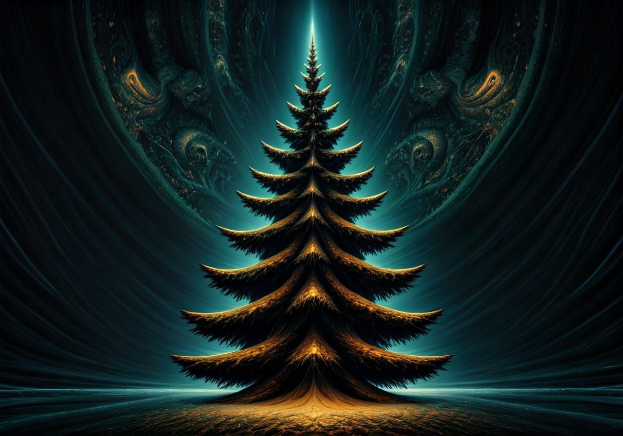 Dark Neo-Kubist Christmas Tree Blooms with Eerie, Surrealist...