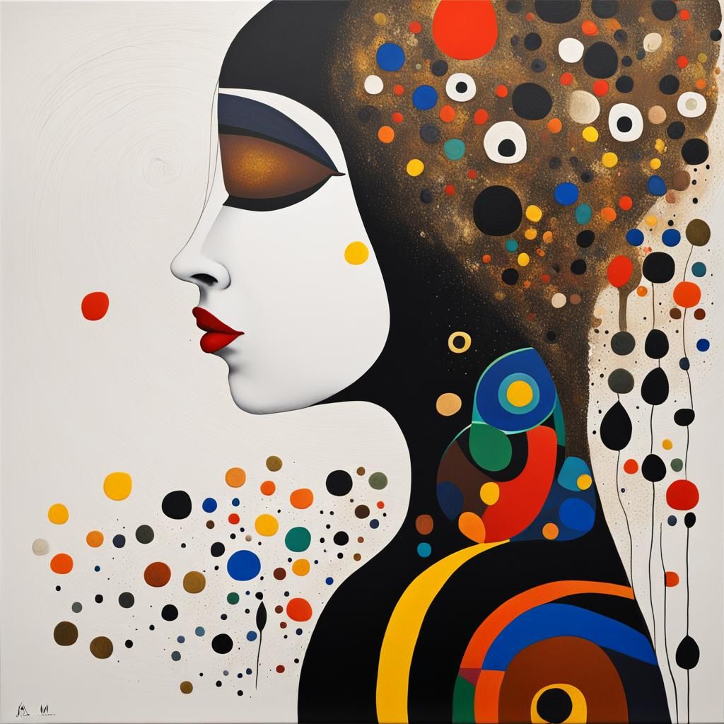 Surreal Woman Portrait in Miró and Klimt Style