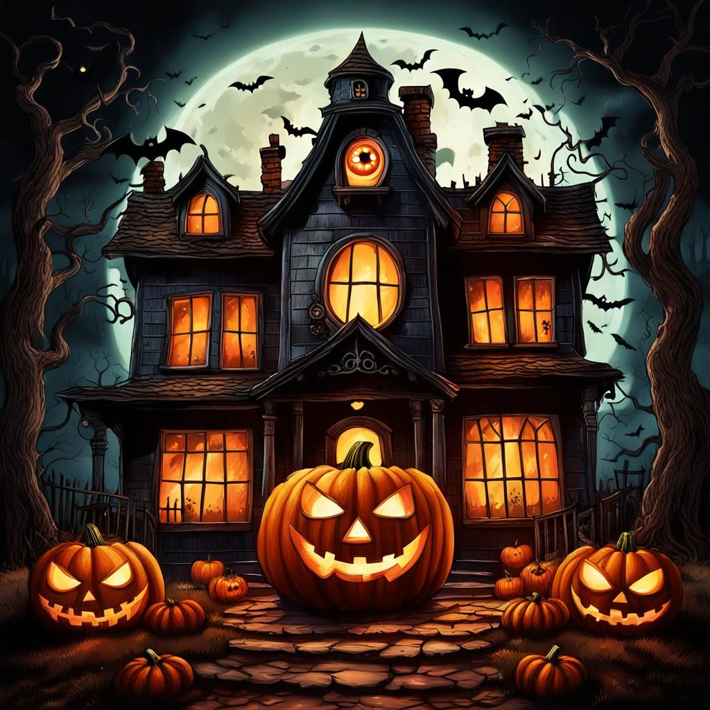 Halloween Pumpkin House Whimsical Illustration