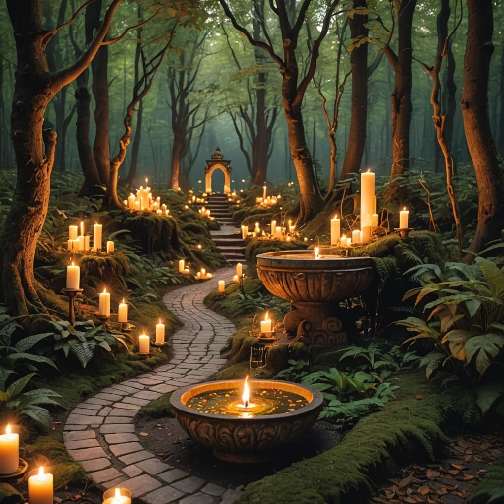 A path in a magical forest lit by burning candles at the end...