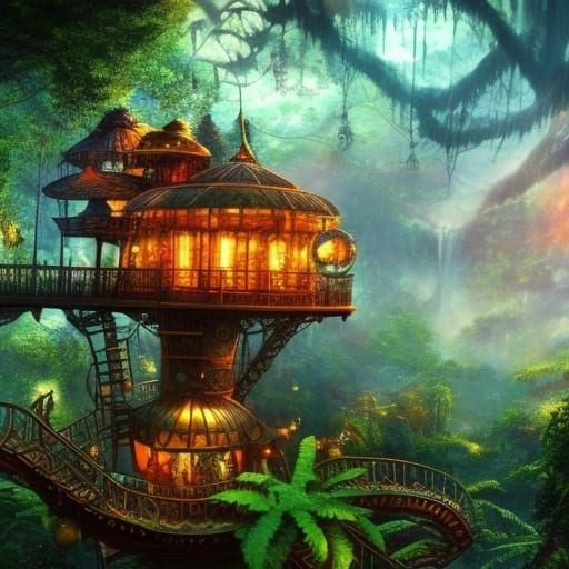 Steampunk Jungle Treehouse with Sapphire Waterfall