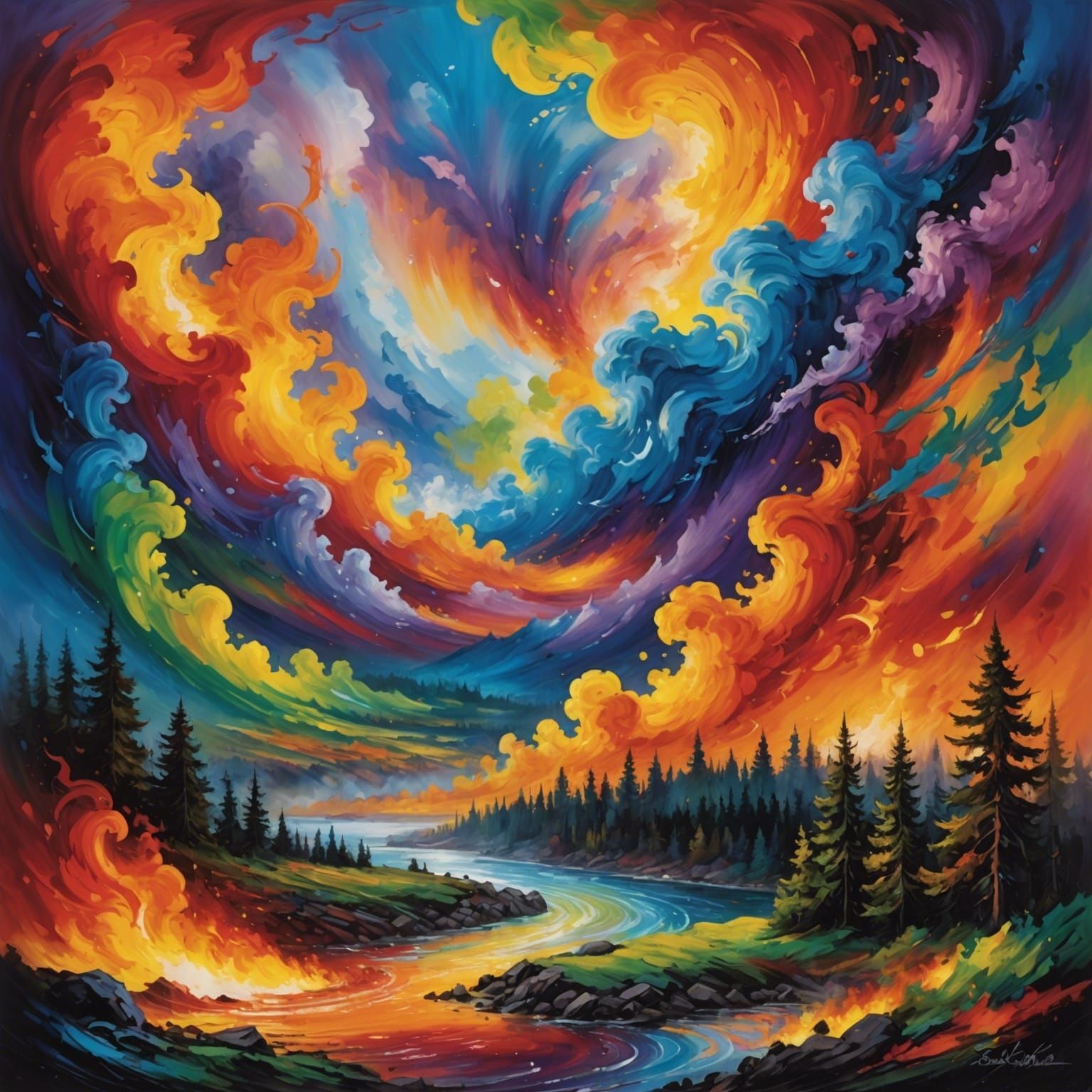 Rainbow Fire Inferno in Impressionistic Style