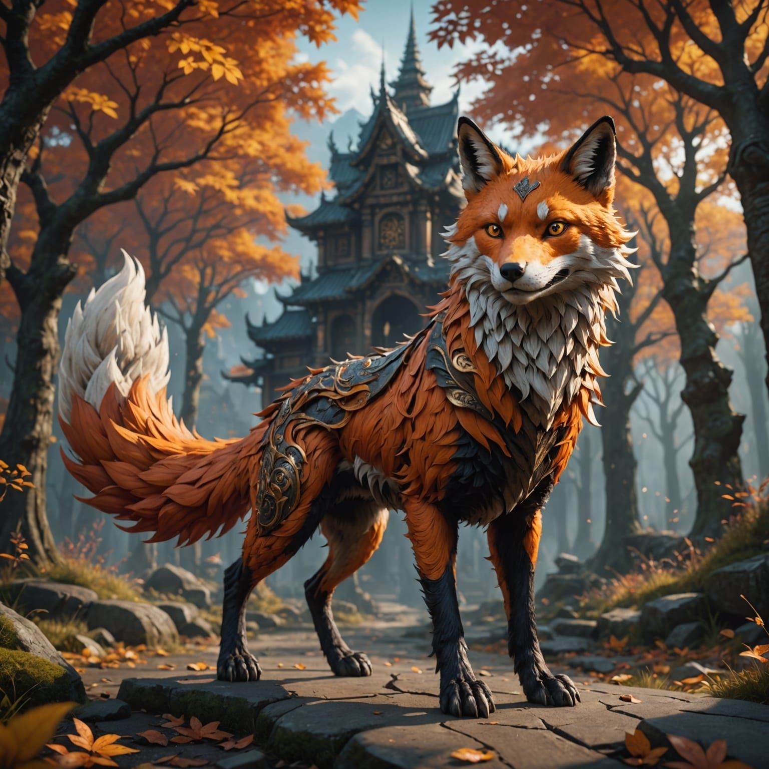 Fantastical 9-Tailed Fox in Deep, Intricate Detail