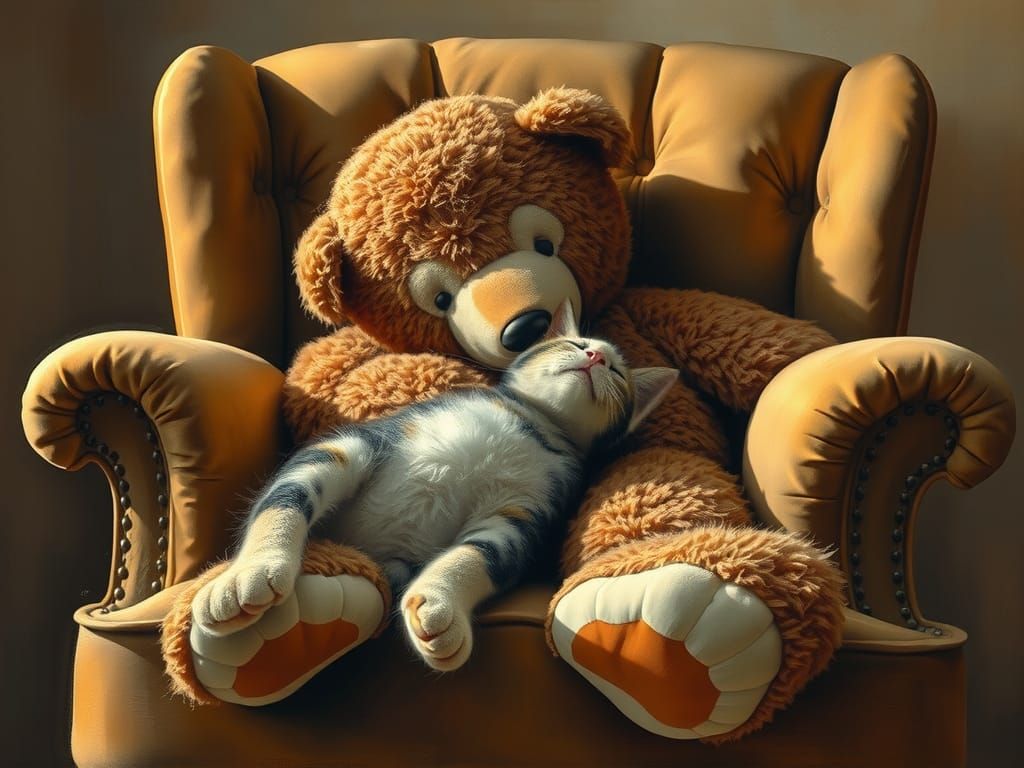 Kitten Napping with Teddy Bear: Golden Hour Oil Painting