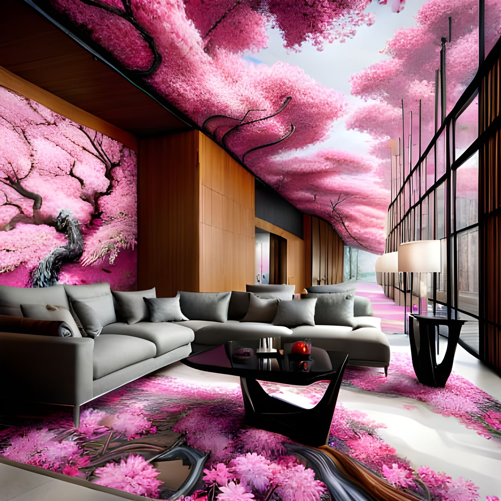Cherry Blossom Forest Living Room: Photorealistic Steampunk ...