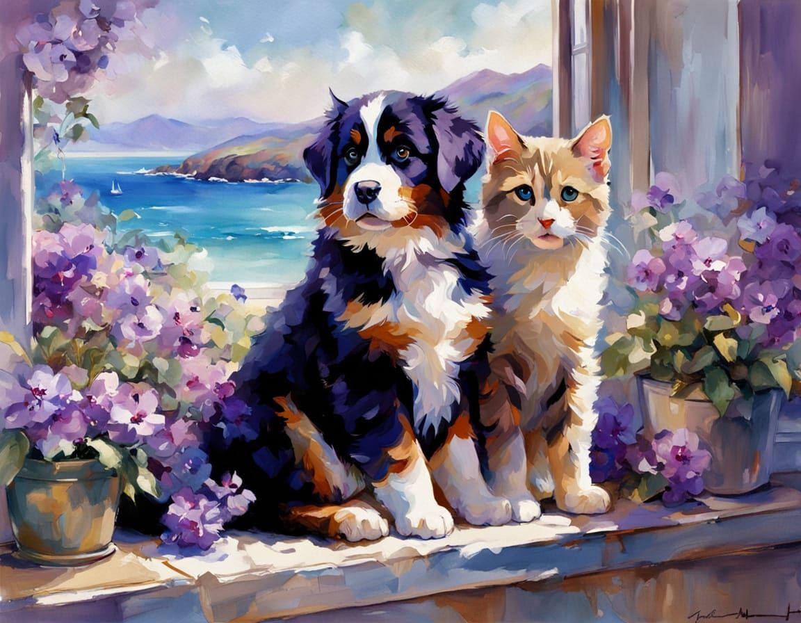 Bernese Puppy and Siamese Kitten on Windowsill with Ocean Vi...