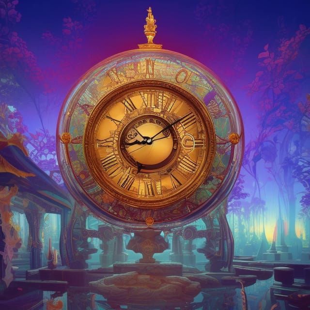 Glass Clock in Ornate Temple, Detailed Matte Painting