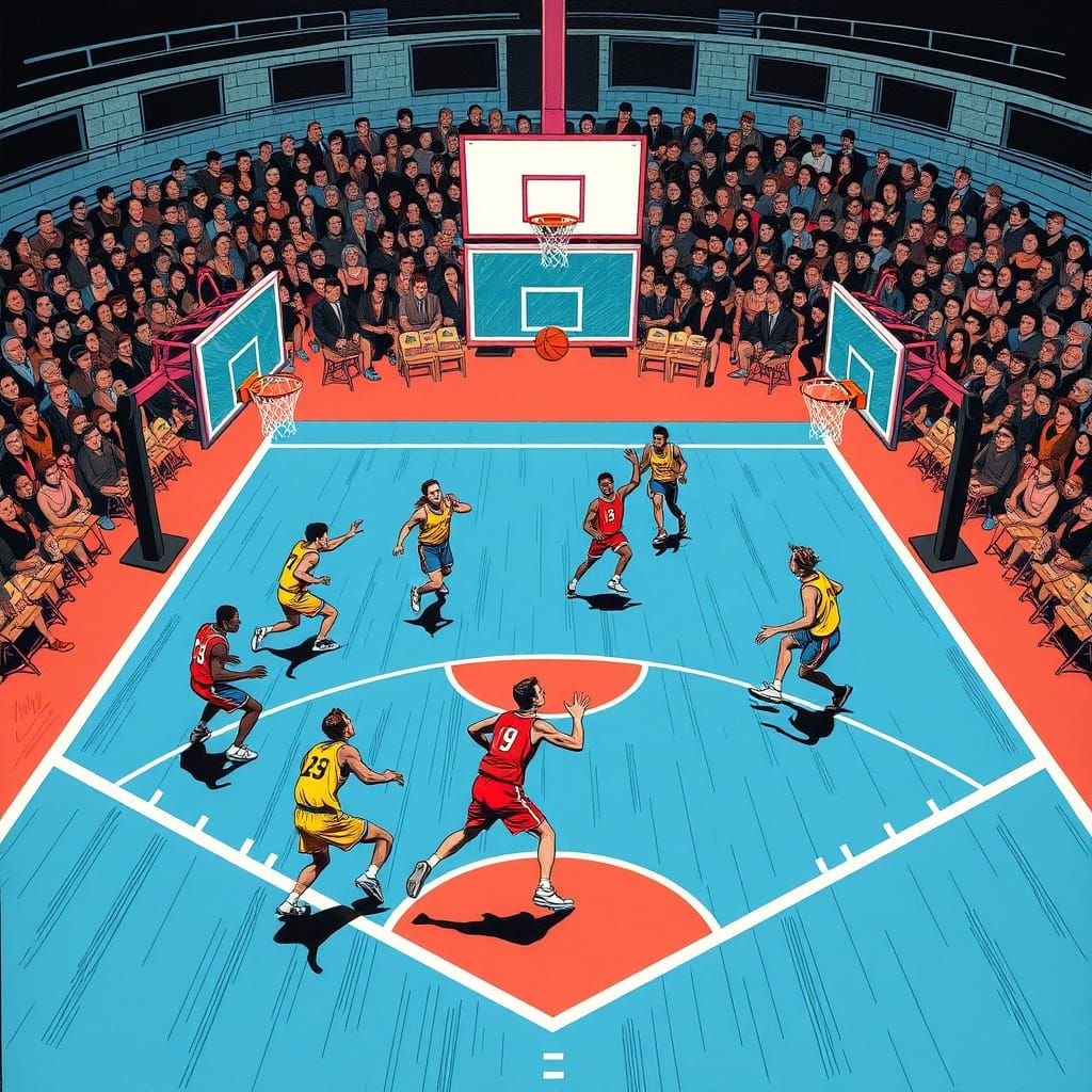 Triangular Basketball Court in Stylized Cyberpunk Art