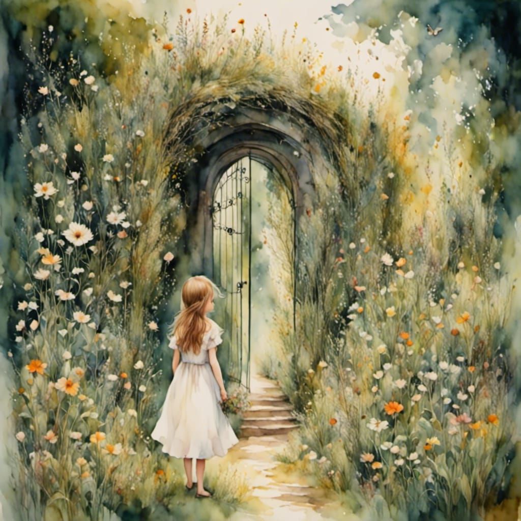 Girl in Secret Garden: Romantic Watercolor