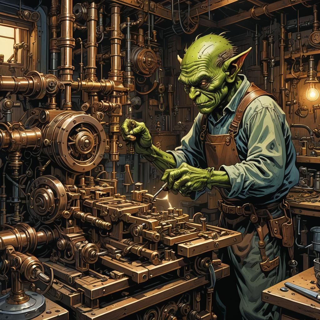 Goblin Mechanic Repairs Machine in Comic Book Style