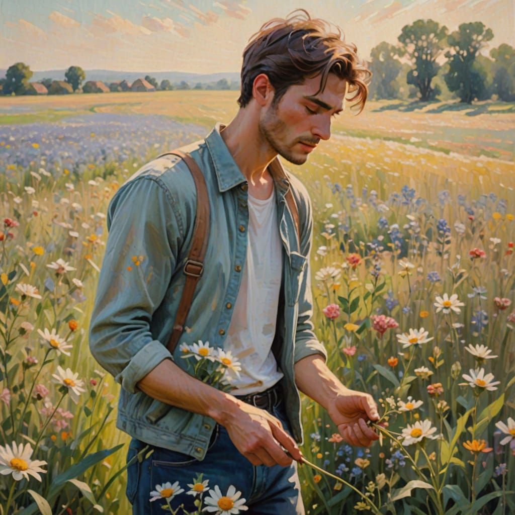 Dreamy Impressionistic Painting of Man Picking Flowers