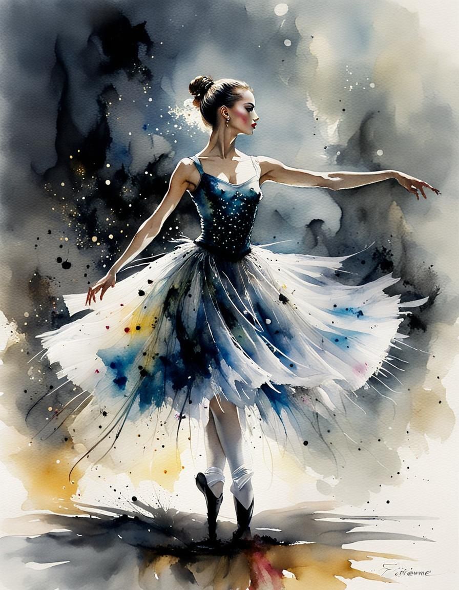 Dreamy Ballerina in Tulle Dress, Watercolor Ink Art