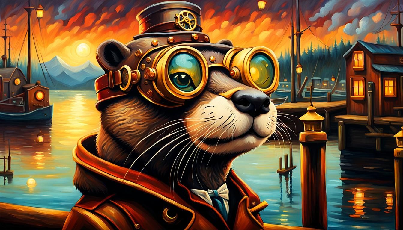 Steampunk Otter at Docks in Oil Painting
