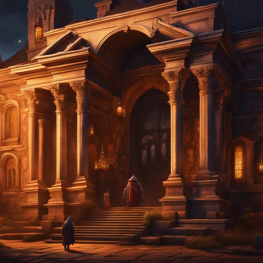 Hooded Figures Guard Massive Bank: Dark Fantasy Concept Art