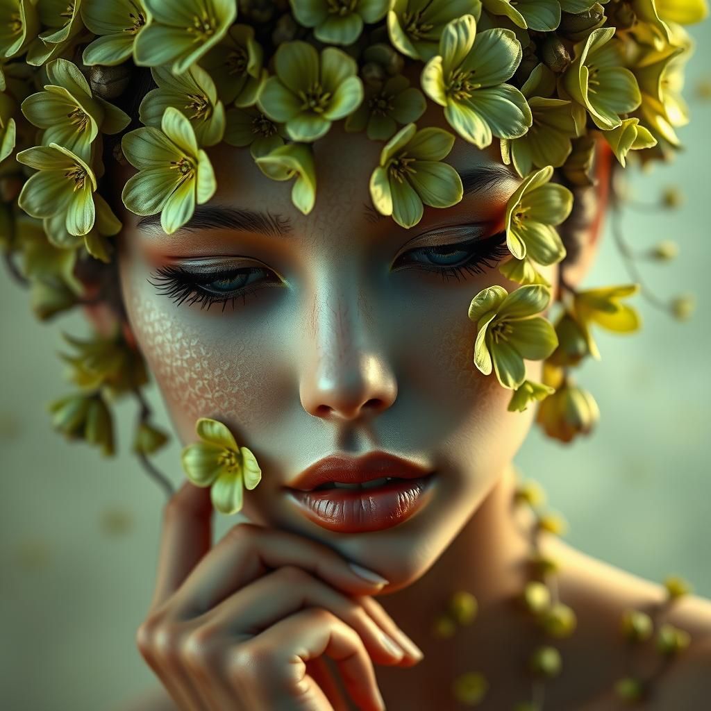Face Covered in Green Flowers, Detailed Digital Art