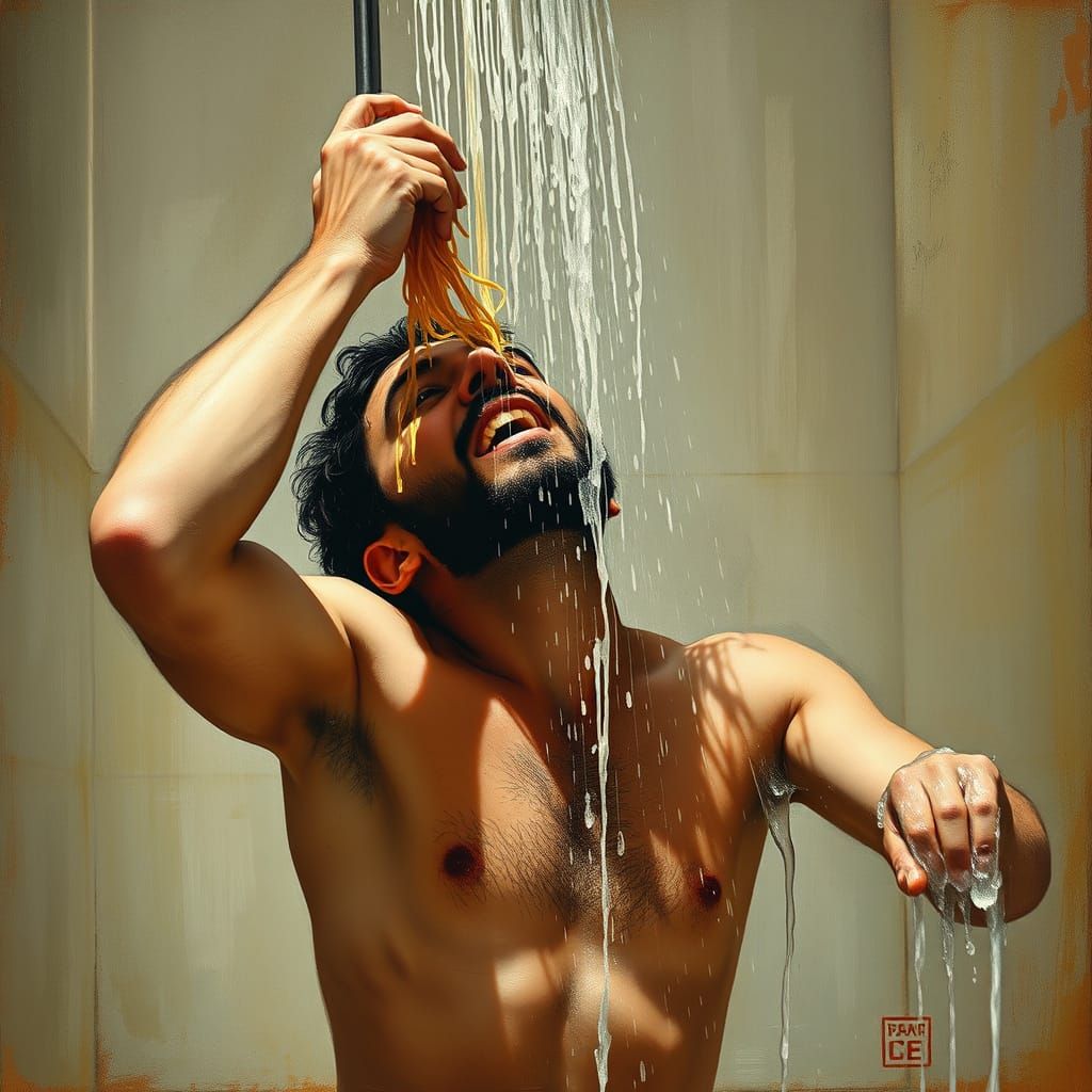 Man Takes a Spaghetti Shower: Evocative Detailed Painting