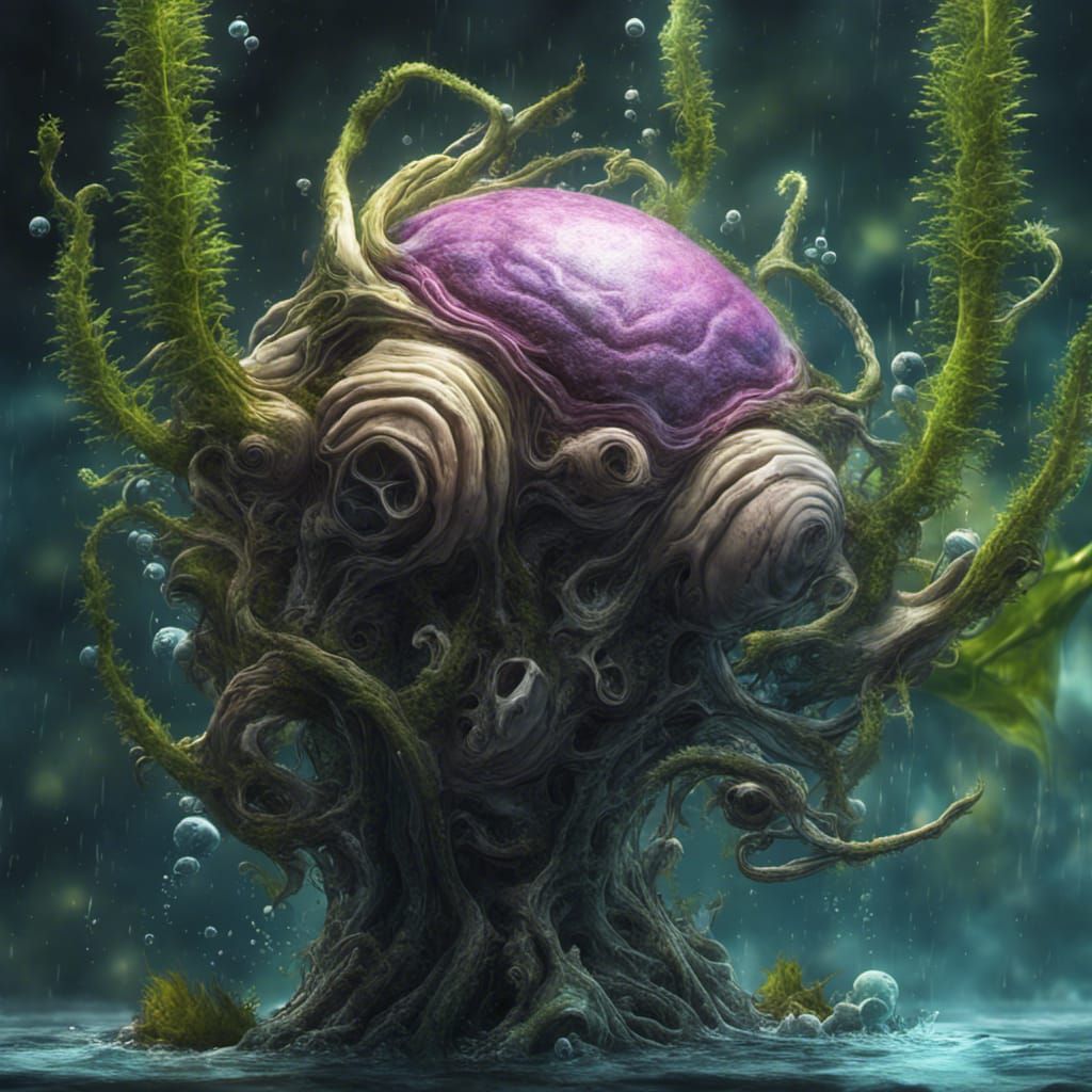 symbiotic alien, bio organic, plant life, twisting, and winding, fractal backround, under water, hyper realistic, unreal...