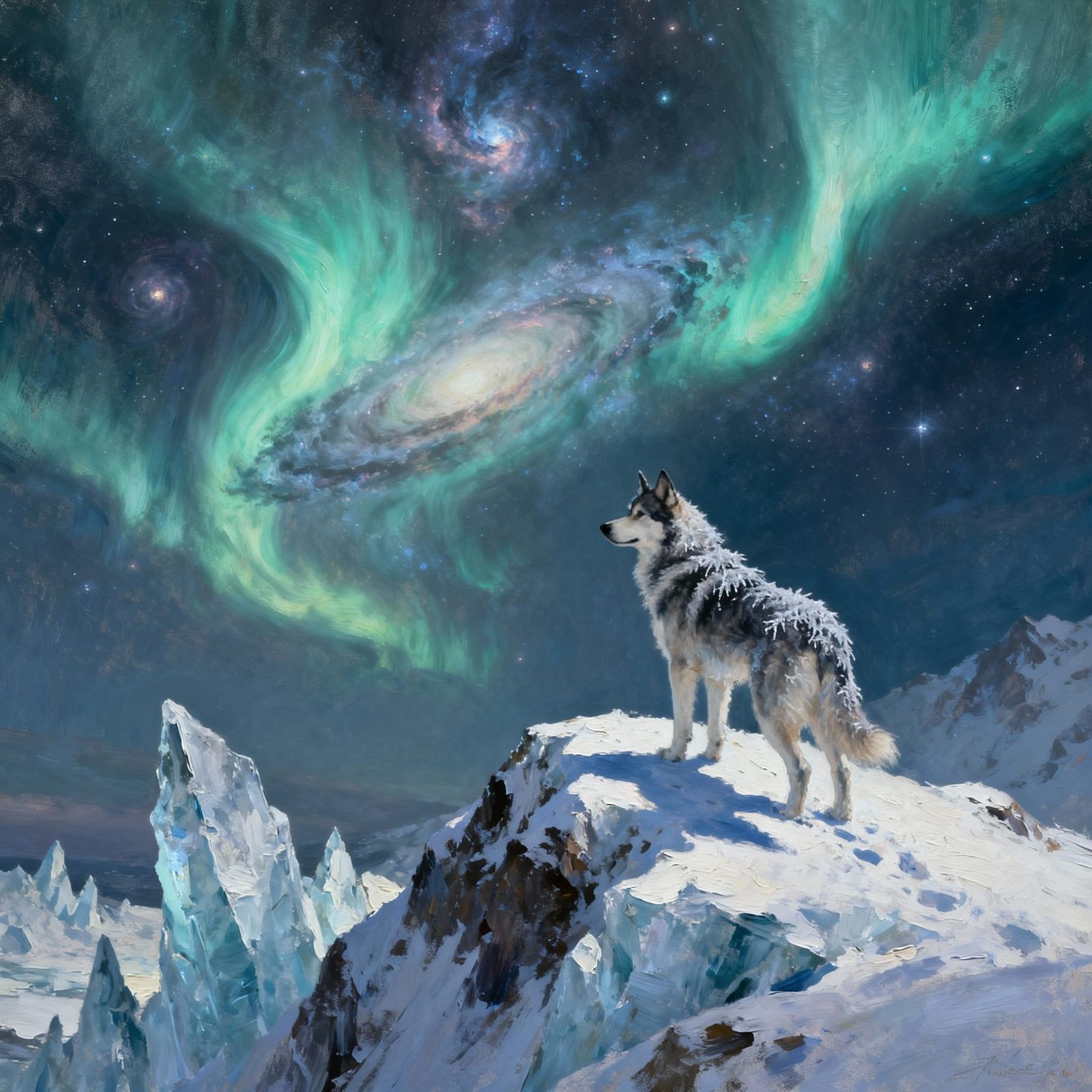 Majestic Husky Under Aurora Borealis on Snowy Peak