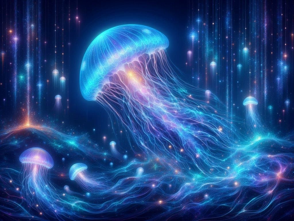Bioluminescent Jellyfish in Quantum Fractal Sea