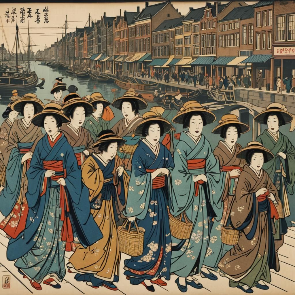 Japanese Women Arriving in Amsterdam: Woodblock Print