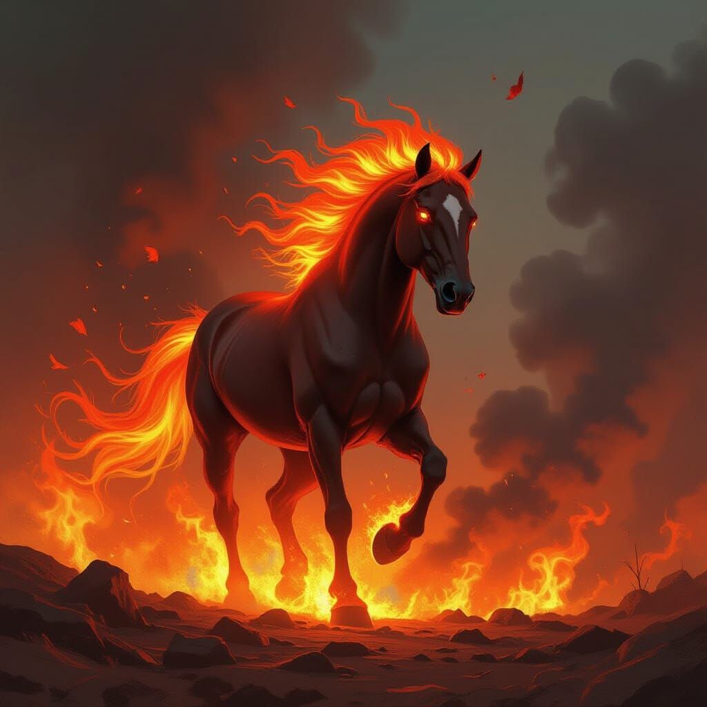 Fiery Horse Rises From Inferno in Digital Painting Style