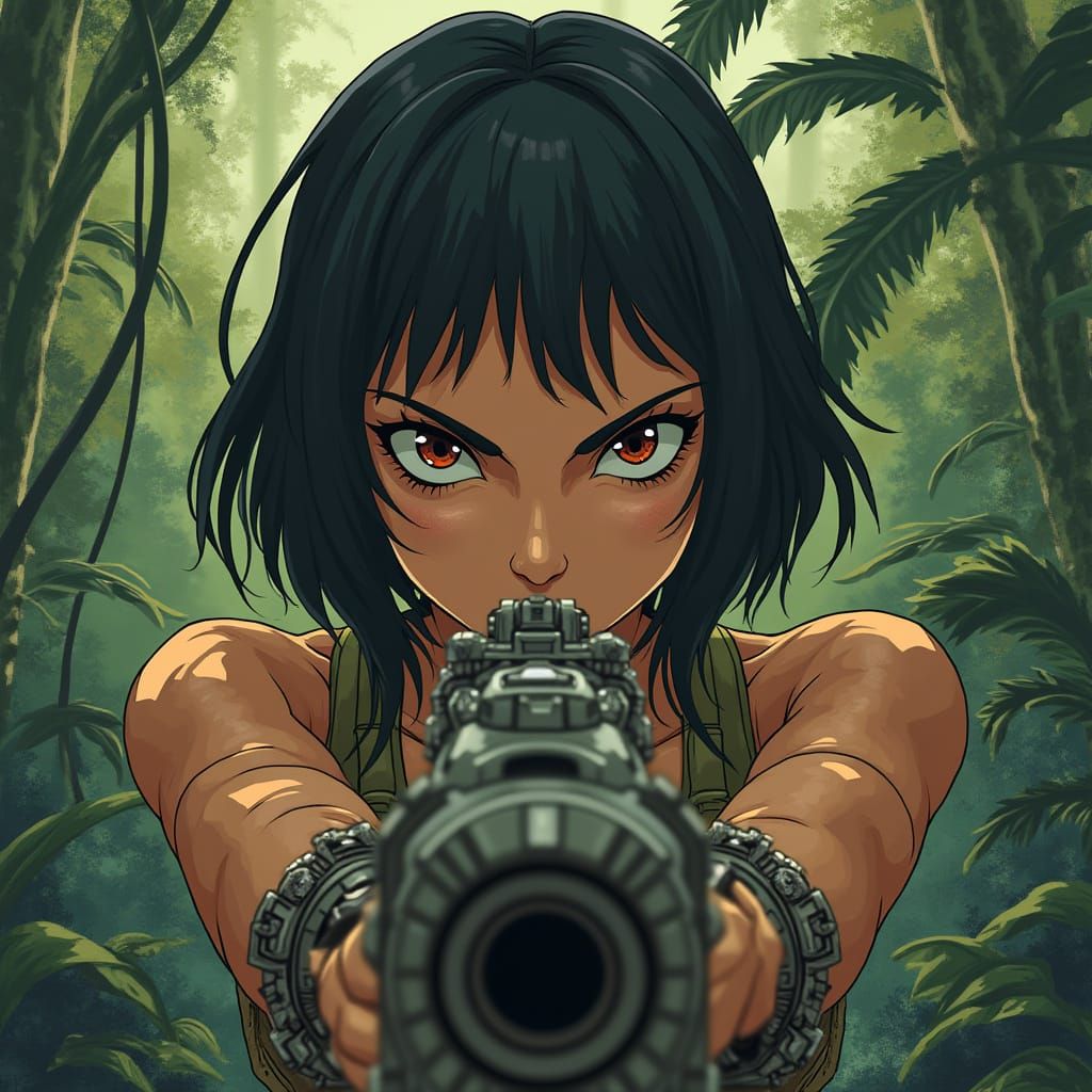 Anime-Style Girl Wields Futuristic Gun in Tropical Jungle