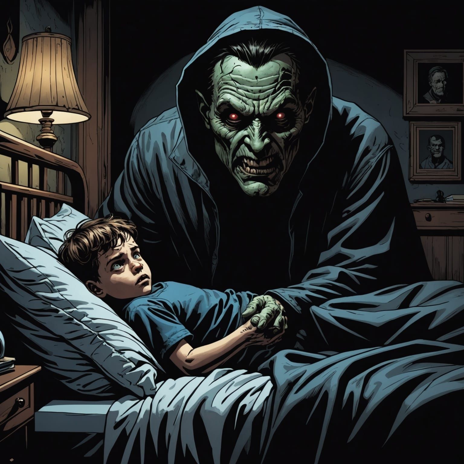 Menacing Face Stares at Child: Comic Book Art