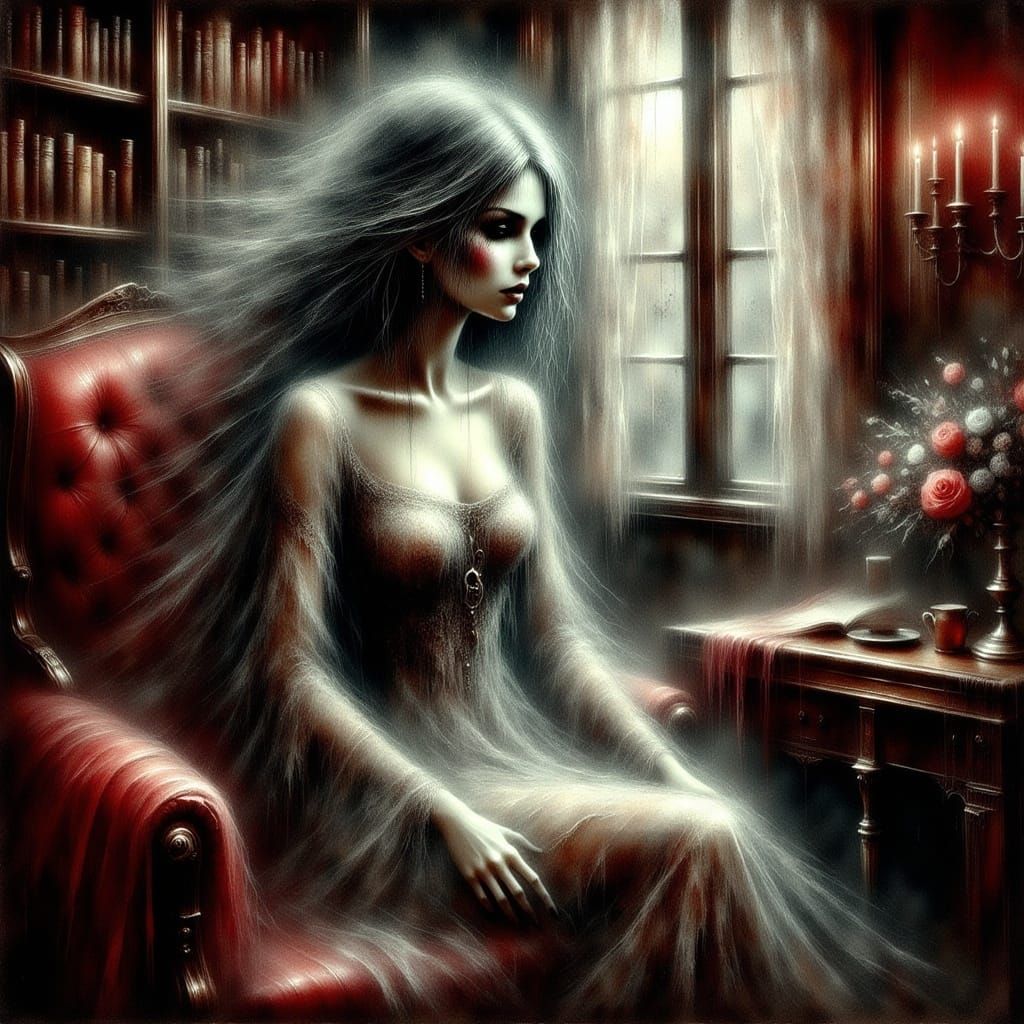 Spectral Woman in Gothic Bay Window, Bathed in Ethereal Ligh...
