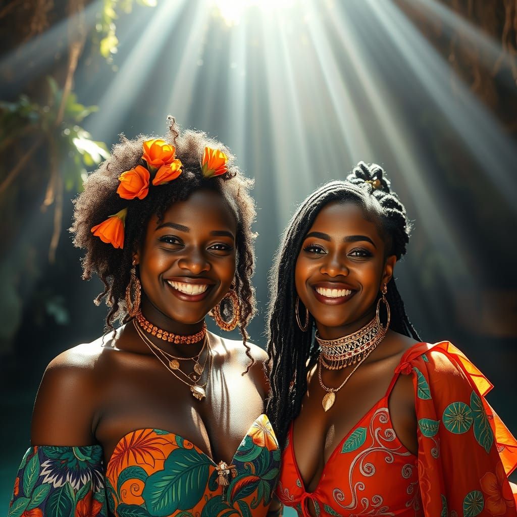 Smiling Women in Summer Streetwear, Cenote Background