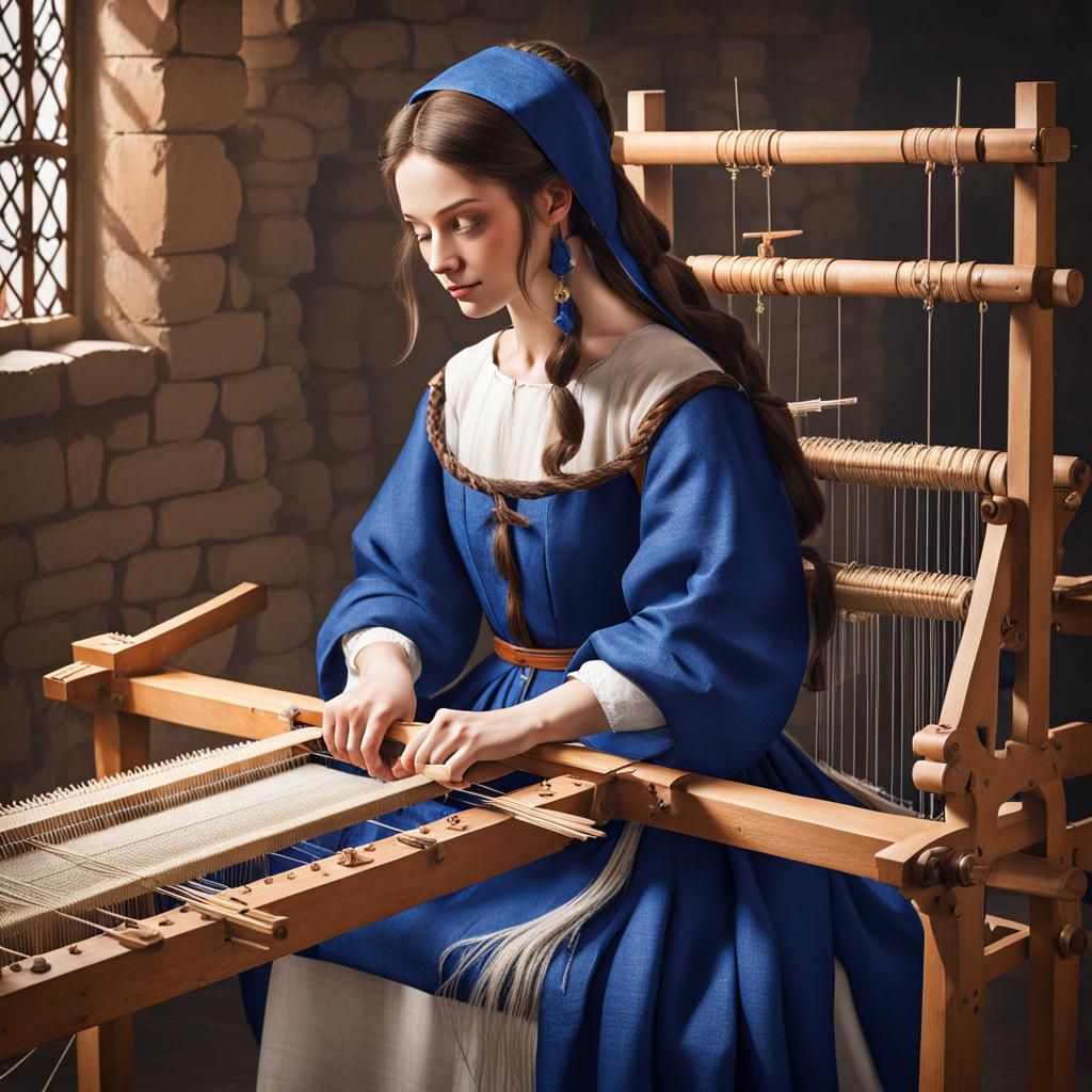 Medieval Weaver Girl at Her Loom