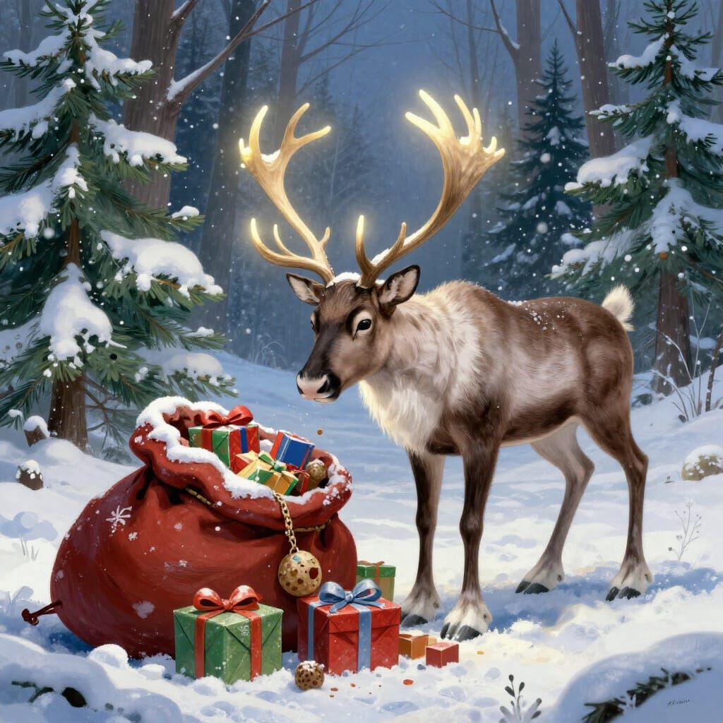 Majestic Reindeer Investigates Santa's Gift Sack