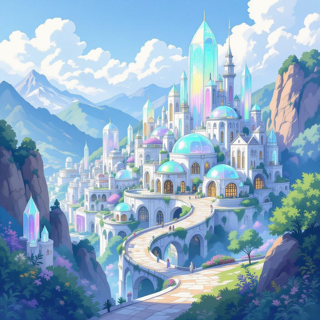Crystalline Mountain Settlement in Watercolor Style