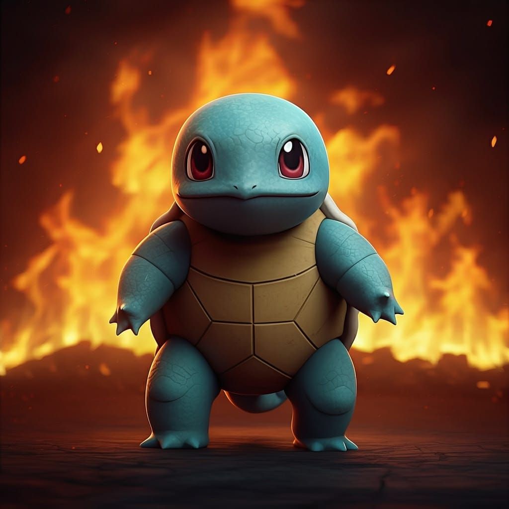 Squirtle in 3D Animation Walks Away From Fire