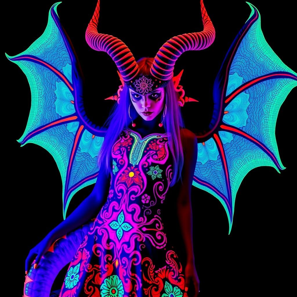 surreal shot of A vivid female dragon with giant demon-horns. The subjects dress is a blacklight artwork featuring  intr...