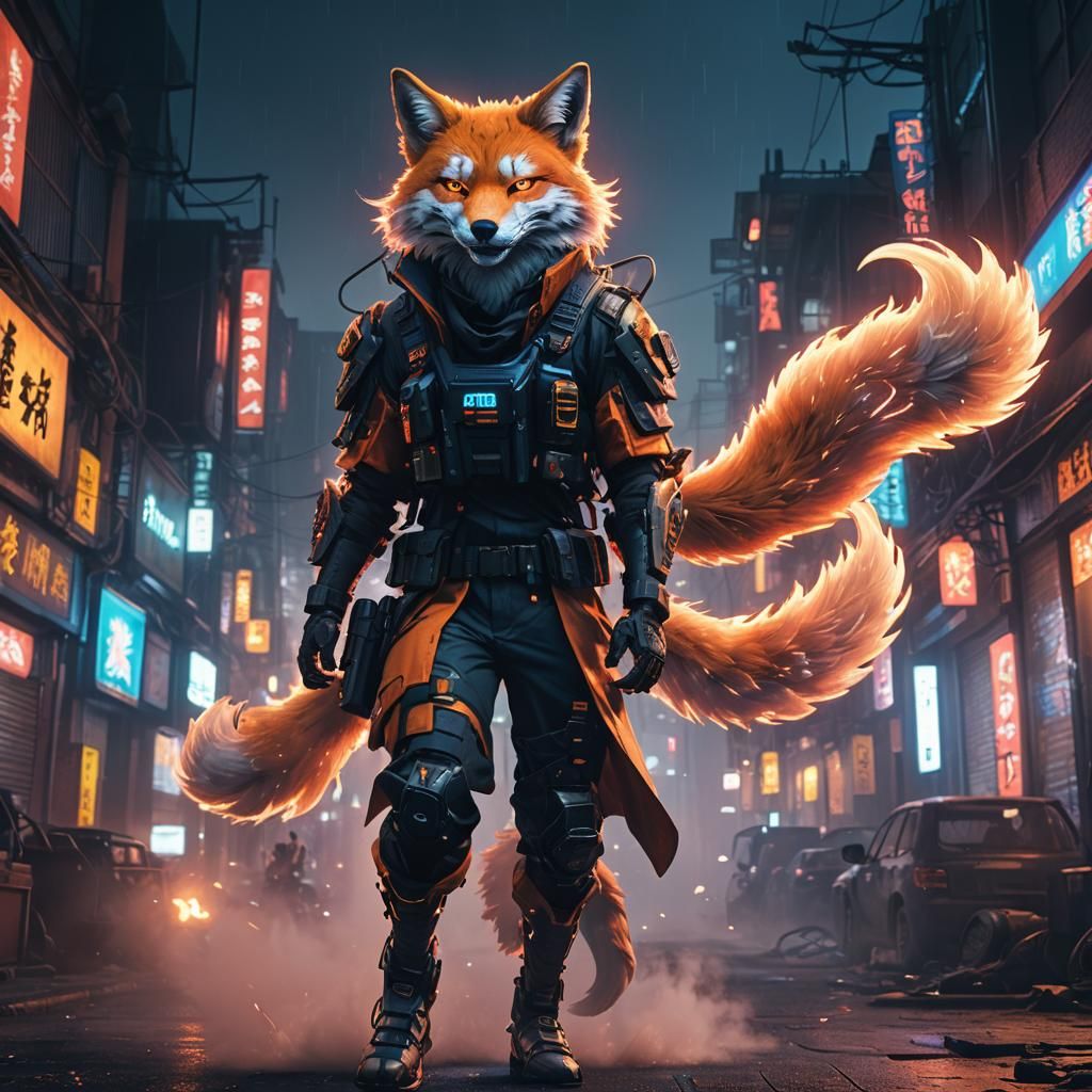 Kitsune in Cyberpunk City with Neon Lights