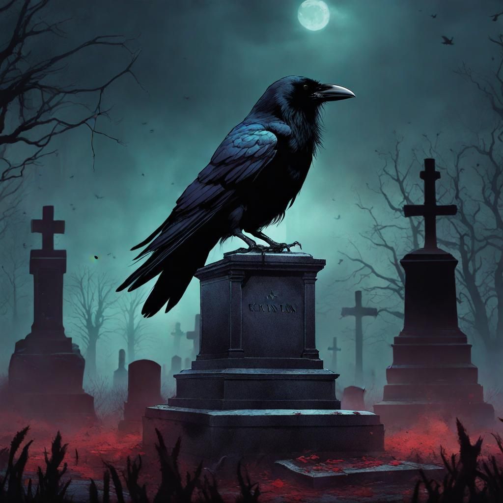 Crow on Tombstone in Dark Fantasy Style