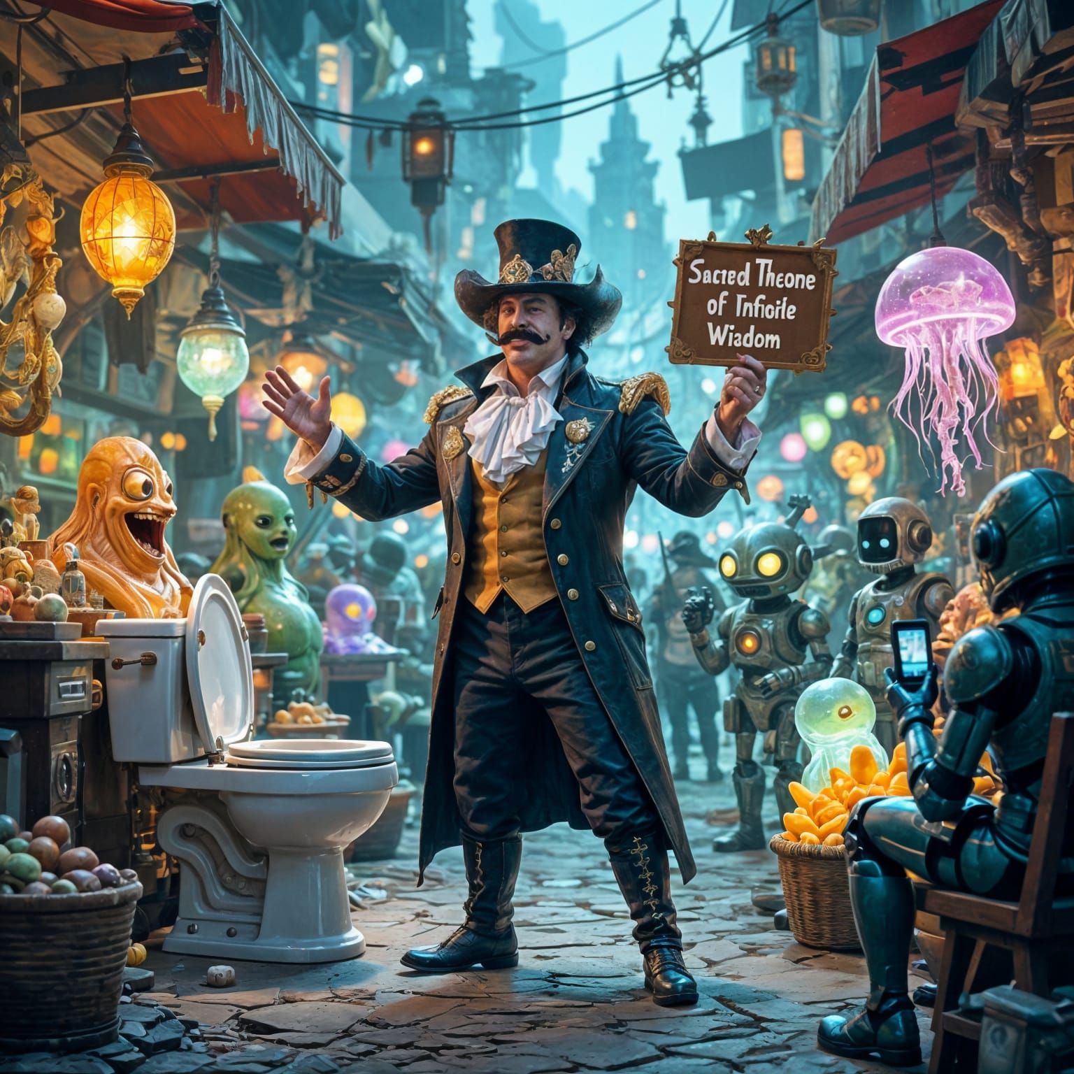 Chaotic Alien Marketplace: Con Artist Selling a Toilet