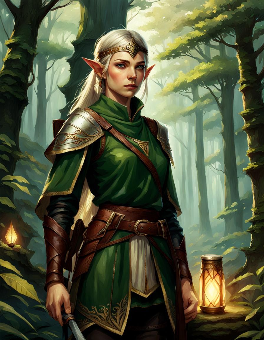 Elf Ranger Keeping Watch in Ancient Forest